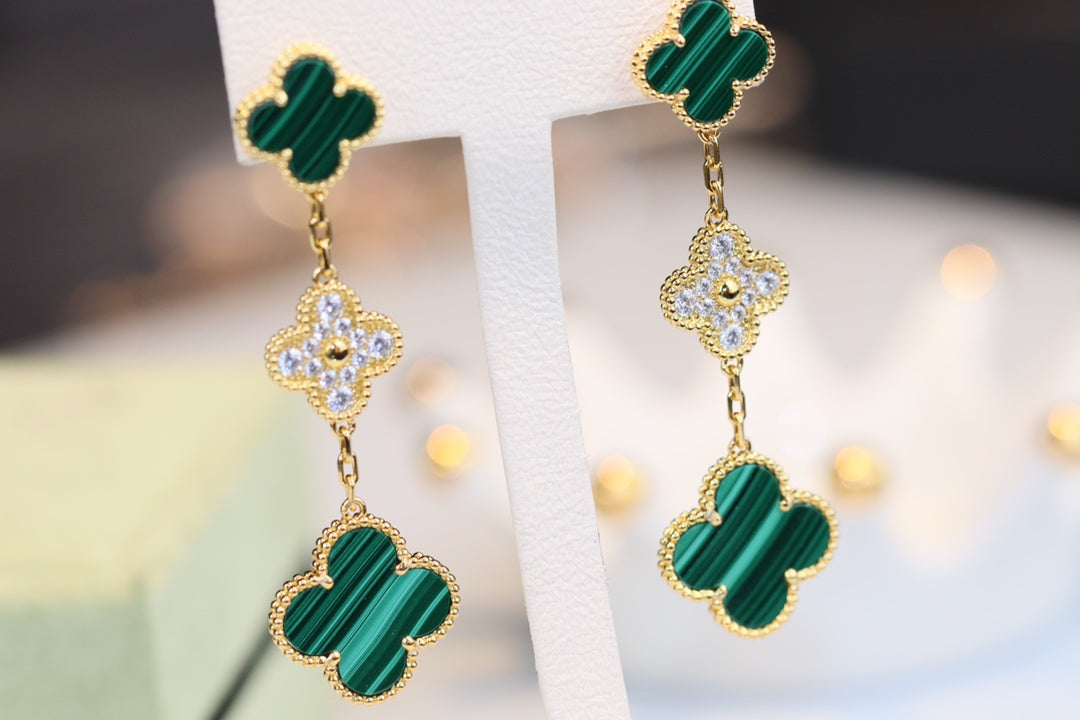 ¡®AuraJewelry¡¯CLOVER EARRINGS GOLD MALACHITE DIAMOND 3 MOTIF