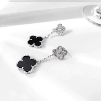 ¡®AuraJewelry¡¯CLOVER 2 MOTIFS  DIAMOND ONYX EARRINGS SILVER