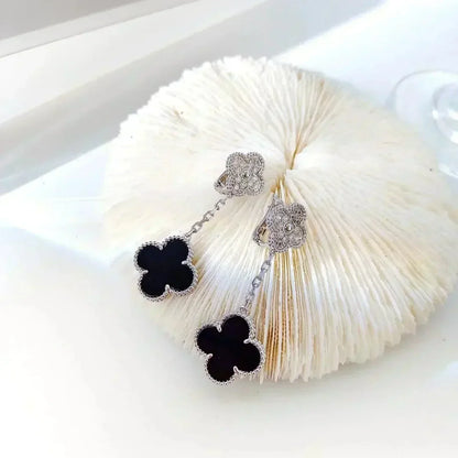 ¡®AuraJewelry¡¯CLOVER 2 MOTIFS  DIAMOND ONYX EARRINGS SILVER