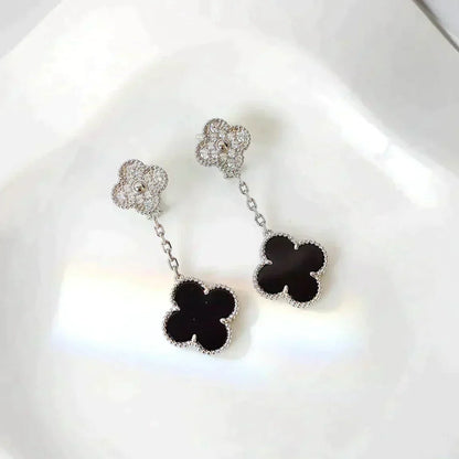 ¡®AuraJewelry¡¯CLOVER 2 MOTIFS  DIAMOND ONYX EARRINGS SILVER