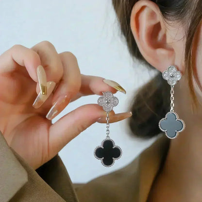 ¡®AuraJewelry¡¯CLOVER 2 MOTIFS  DIAMOND ONYX EARRINGS SILVER