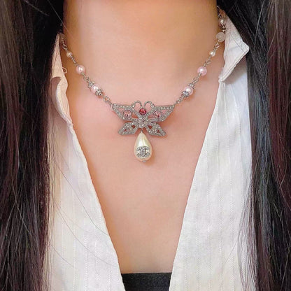 [AuraJewelry] Bow & Pearl Double C Pavé Diamond Necklace