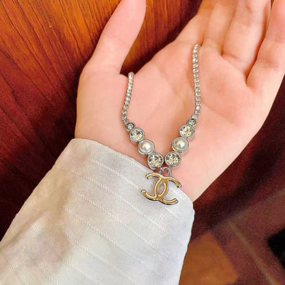 [AuraJewelry]Double C Necklace with Pearls & Cubic Zirconia