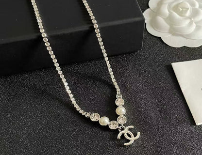 [AuraJewelry]Double C Necklace with Pearls & Cubic Zirconia