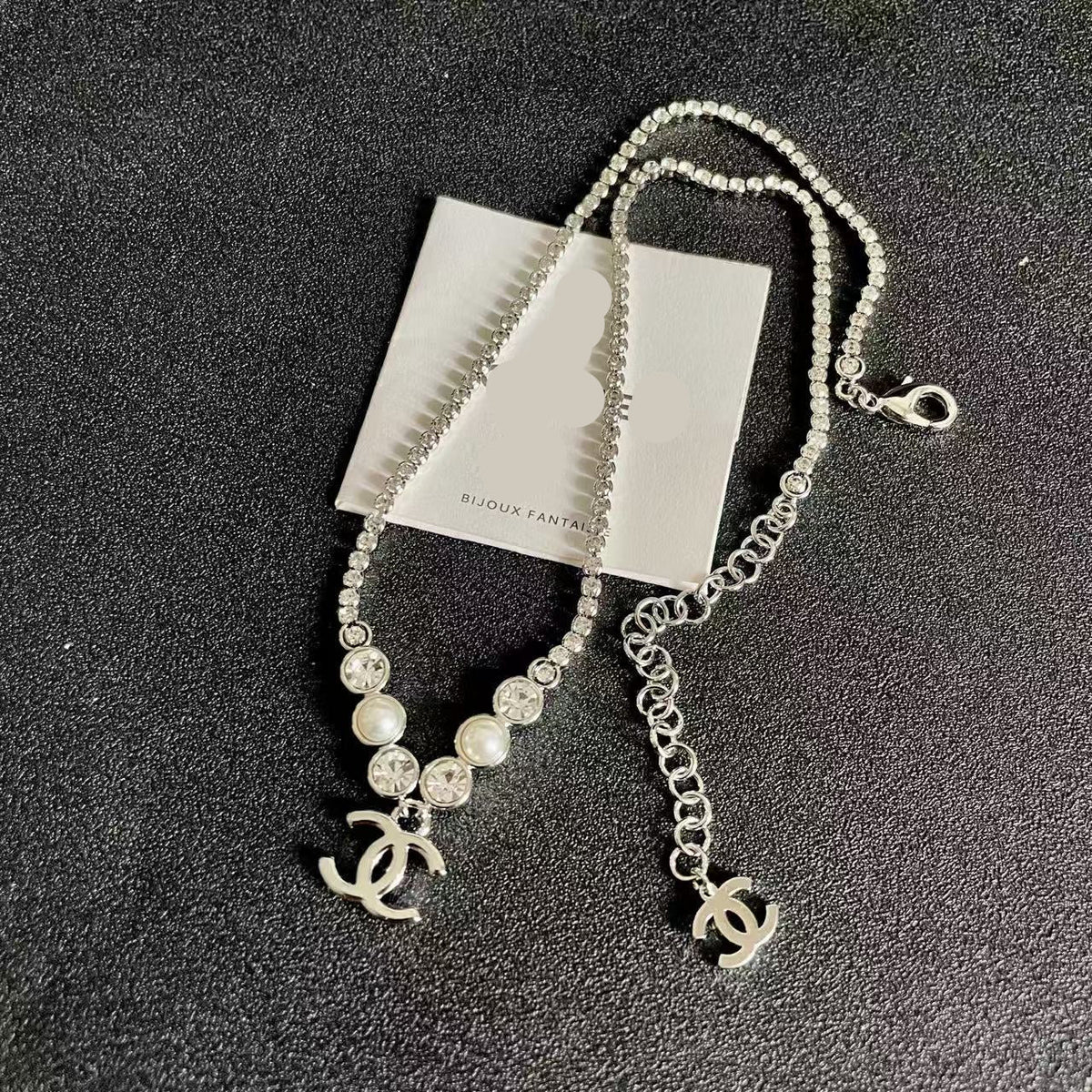 [AuraJewelry]Double C Necklace with Pearls & Cubic Zirconia
