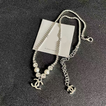 [AuraJewelry]Double C Necklace with Pearls & Cubic Zirconia