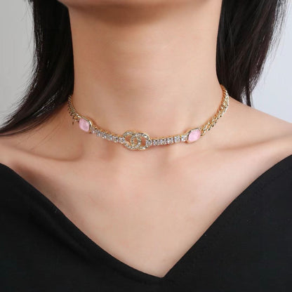 [AuraJewelry]Pink Sugar Cube Double CC Crystal Choker