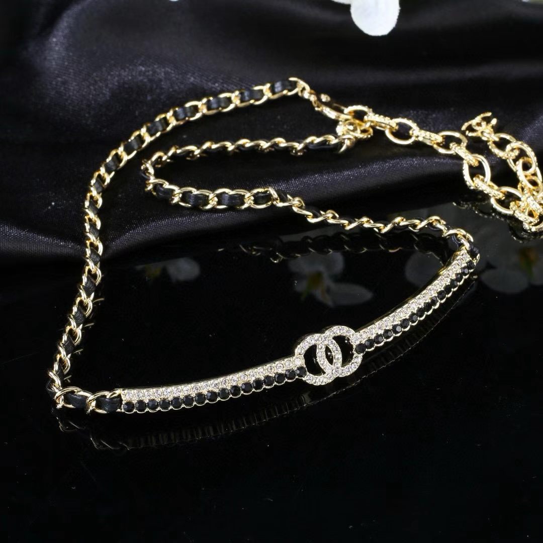[AuraJewelry]Black Leather Interwoven Crystal CC Choker Necklace