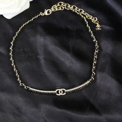 [AuraJewelry]Black Leather Interwoven Crystal CC Choker Necklace