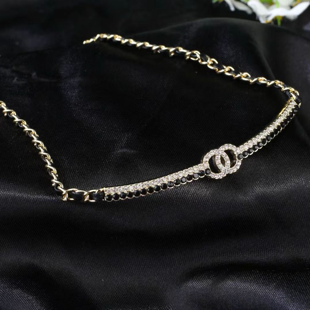 [AuraJewelry]Black Leather Interwoven Crystal CC Choker Necklace