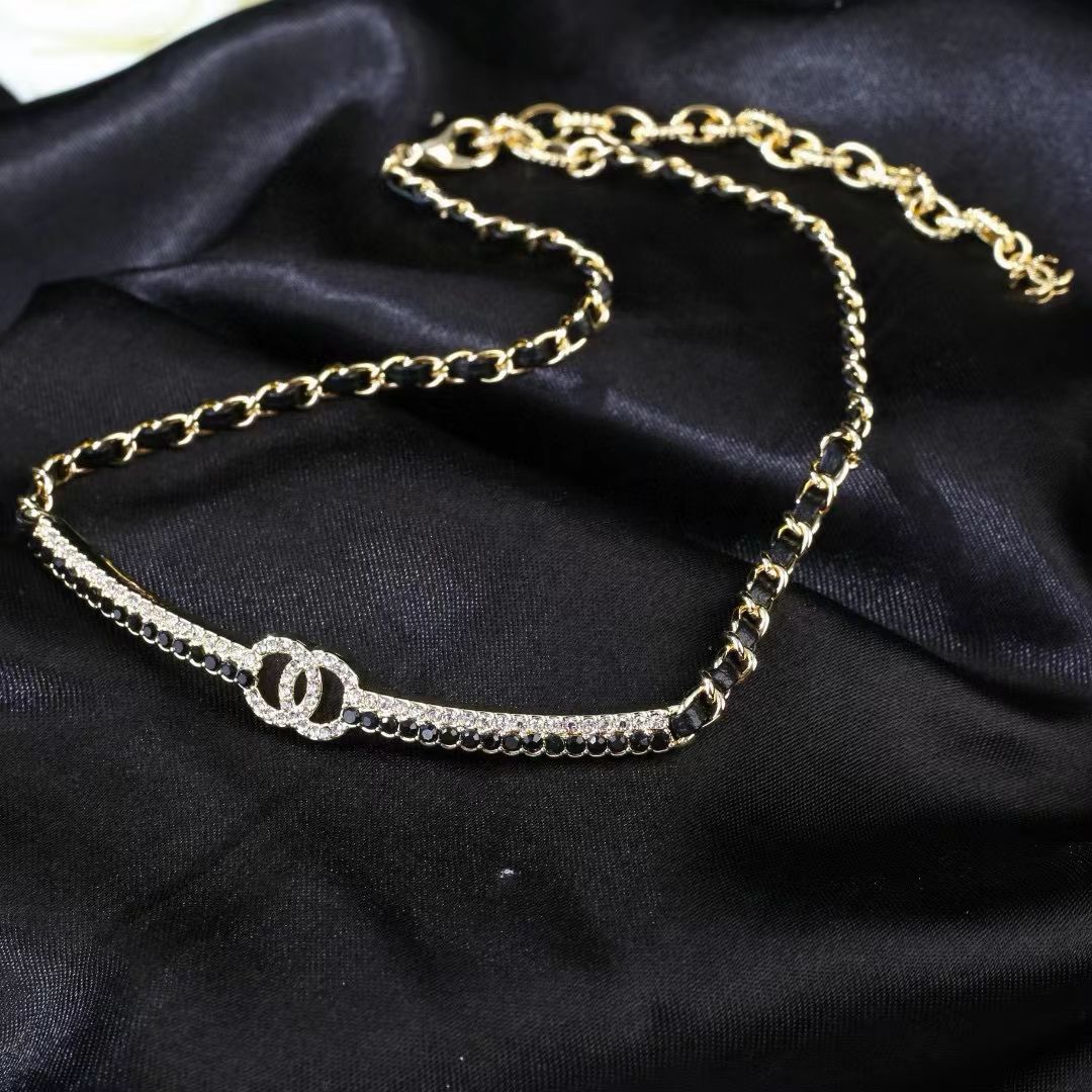 [AuraJewelry]Black Leather Interwoven Crystal CC Choker Necklace