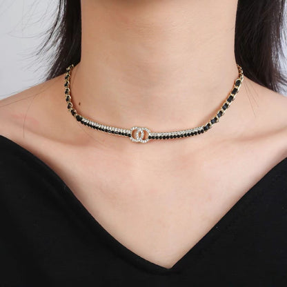 [AuraJewelry]Black Leather Interwoven Crystal CC Choker Necklace