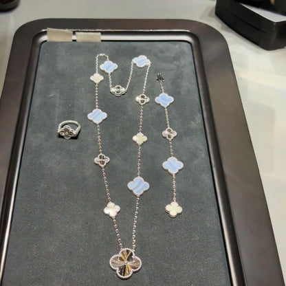 [AuraJewelry]DETACHABLE CLOVER 15(11+4) FLOWER SILVER NECKLACE SET