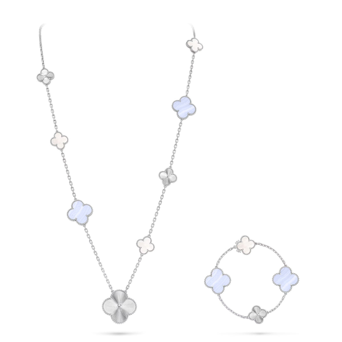[AuraJewelry]DETACHABLE CLOVER 15(11+4) FLOWER SILVER NECKLACE SET