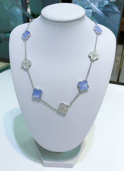 ¡®AuraJewelry¡¯CLOVER 10 MOTIFS CHALCEDONY DIAMONDS SILVER NECKLACE