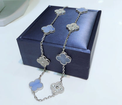 ¡®AuraJewelry¡¯CLOVER 10 MOTIFS CHALCEDONY DIAMONDS SILVER NECKLACE